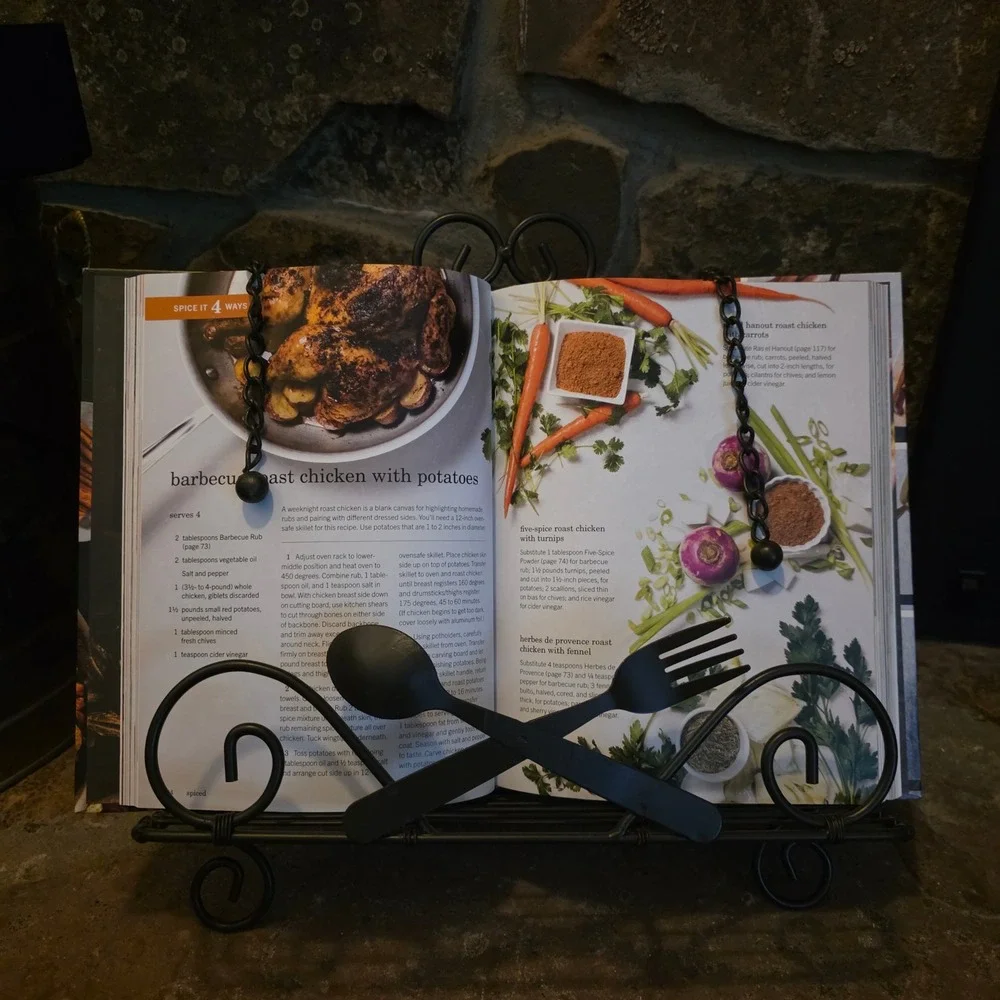 Black Wrought Iron Cookbook Stand Scrollwork Easel with Page Weights Fork Spoon